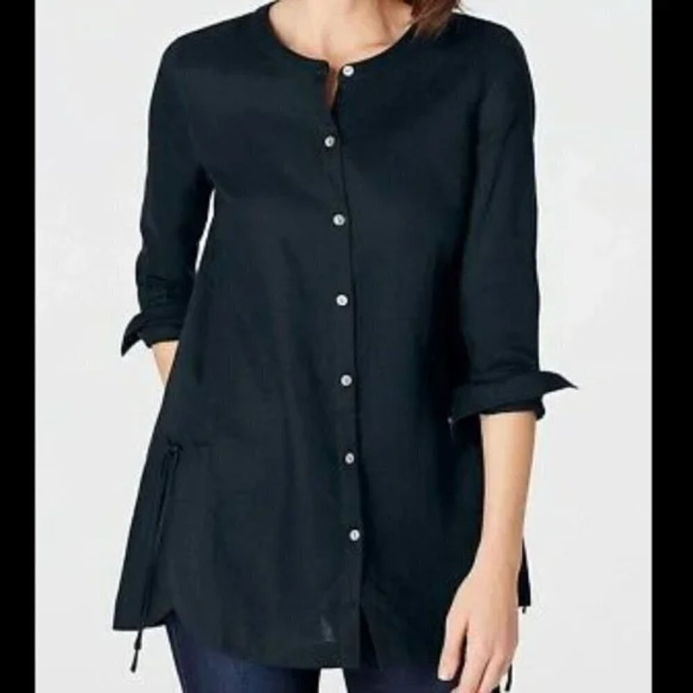 J. Jill Love Linen Button Down Side Tie Tunic Top Dark‎ Navy Blue womens Sz XS
